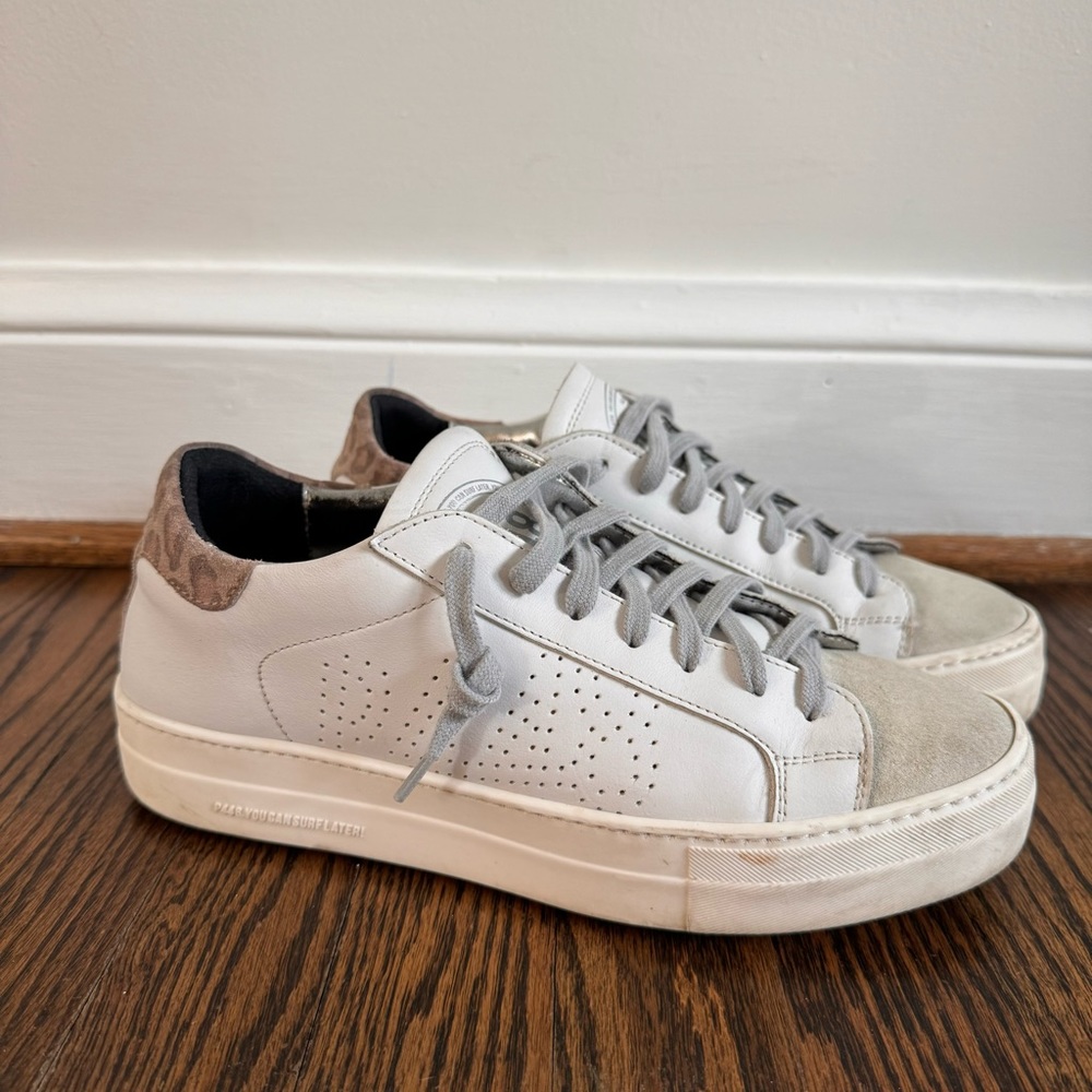 P448 Thea sneakers white leather with pink leopard accents, size 41 (US 10.5/11)